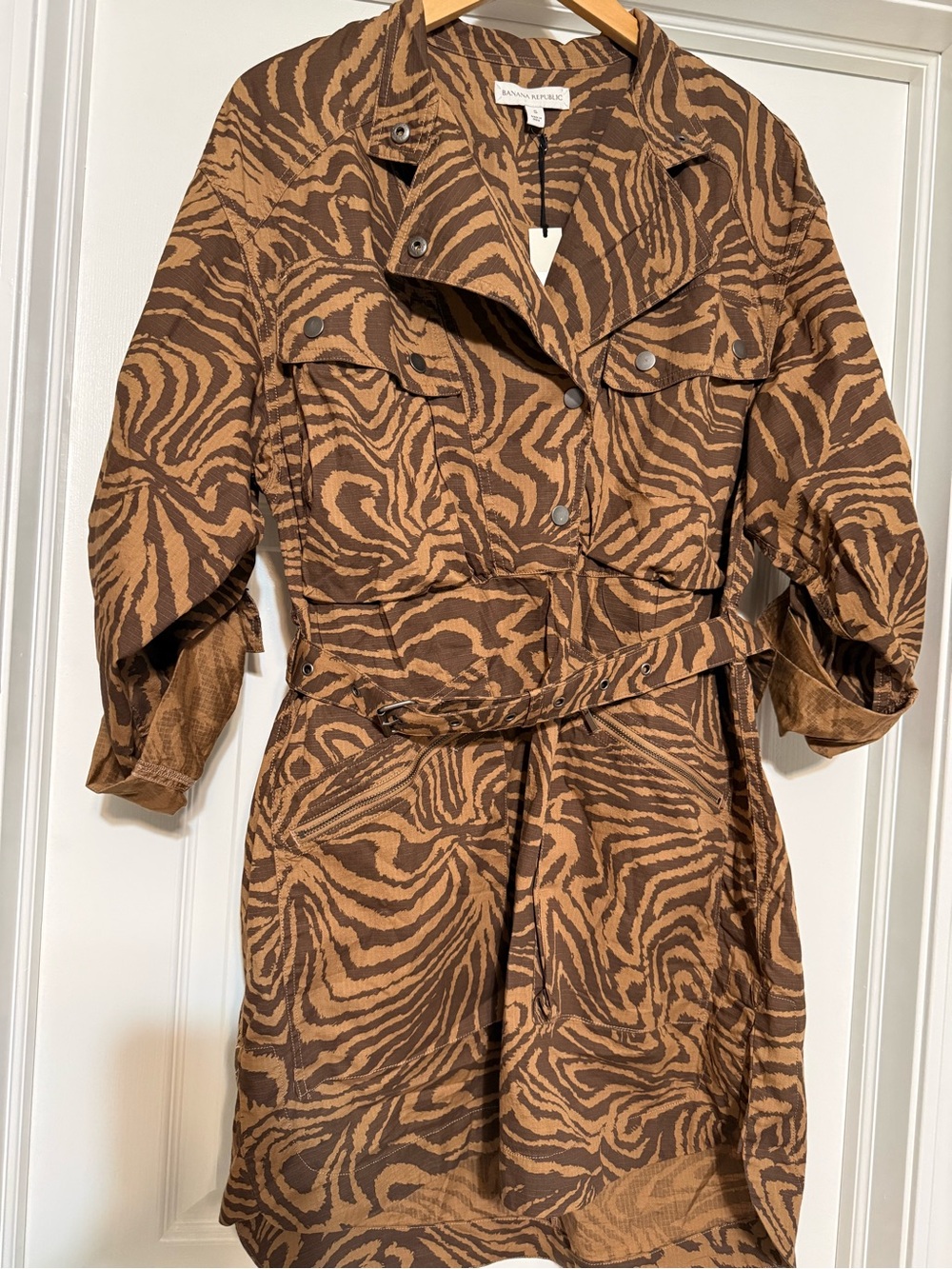 Banana Republic Brown and Tan Zebra-Print Stretch Cotton Utility Mini Dress